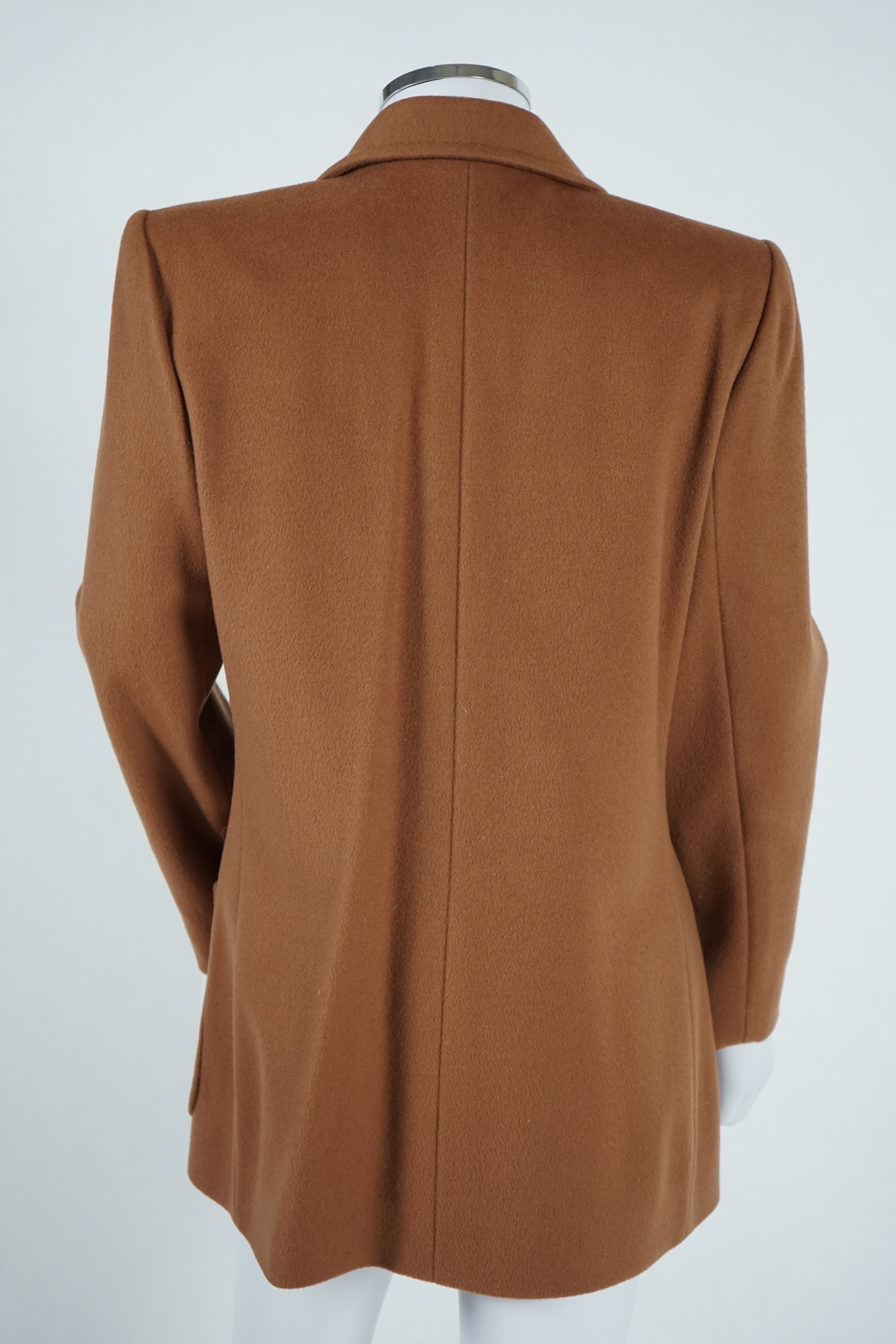 A vintage Yves Saint Laurent variation lady's dark tan double breasted coat, F 40 (UK 12). Proceeds to Happy Paws Puppy Rescue